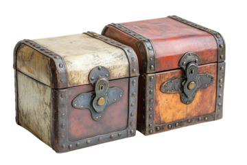 Vintage wooden storage boxes with metal accents and locks displayed on a white background