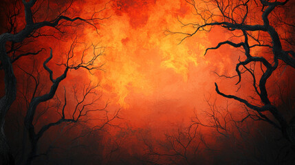 A fiery orange glow illuminates a dark forest, with twisted branches silhouetted against the vivid backdrop, creating an eerie and captivating atmosphere.