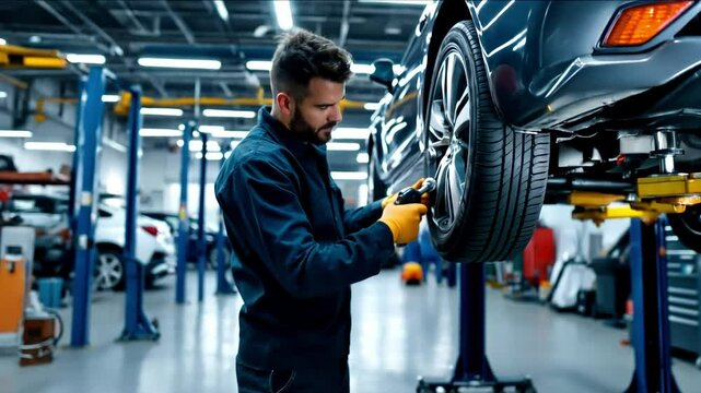 Mechanic using an impact wrench to remove a car tire in an auto repair shop.