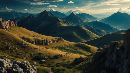 Majestic panoramic view of a vast mountain range under a dramatic sunset sky, showcasing rolling hills and a winding road.