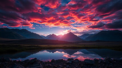 Serene mountain lake reflecting a vibrant sunset with pink and purple clouds in a breathtaking landscape.