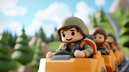 Exciting adventure ride with playful characters amusement park animated scene lush environment close-up view fun concept