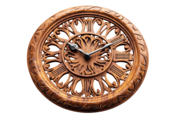 Intricate wooden wall clock design featuring elaborate carvings and classical Roman numerals