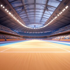 Exciting tennis match preparation indoor stadium sports event competitive environment wide-angle view athletic excellence