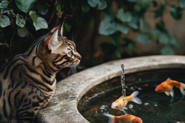 Obraz premium Curious Bengal cat watching goldfish in rustic fountain setting