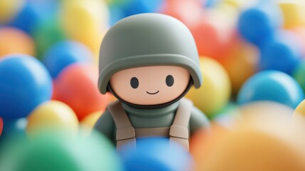 Playful soldier figurine among colorful balls creative studio digital art bright environment close-up view fun concept