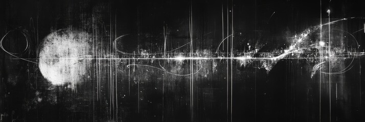 Abstract black and white digital artwork featuring light trails and textured patterns in a cosmic style