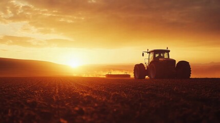 Fototapeta premium A breathtaking sunrise over a rural landscape, with al farmhouse, a plowed field