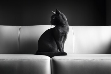 Regal Russian Blue cat on modern white sofa in DSLR photo with chiaroscuro lighting and cooltoned palette