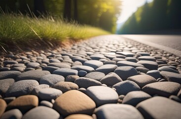 Fototapeta premium gravel road with distant walkers, low angle perspective - nature walk, mindfulness
