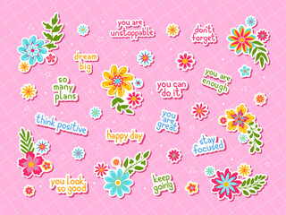 Flower cartoon stickers in retro colors with inspirational sayings. For diary, planner, surfaces etc