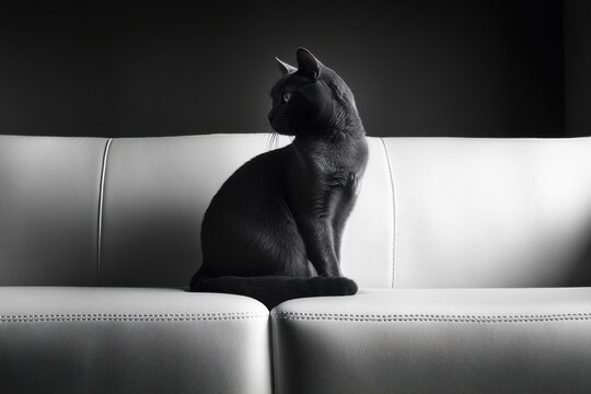 Regal Russian Blue cat on modern white sofa in DSLR photo with chiaroscuro lighting and cooltoned palette