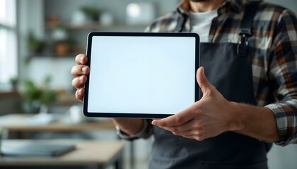 A man showcases a tablet with a blank screen, embodying the ideas of e-learning and modern educational technology