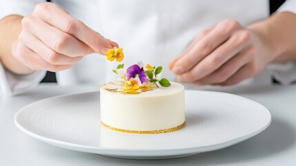 a chef carefully garnishing a dessert with edible flowers and gold leaf