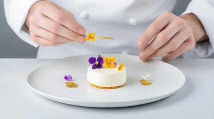 a chef carefully garnishing a dessert with edible flowers and gold leaf