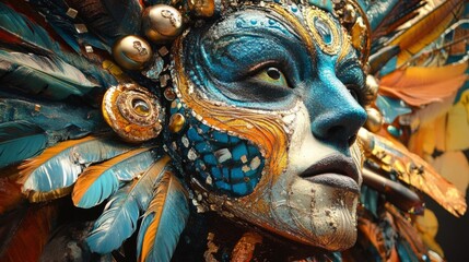 Fototapeta premium Mystical Woman with Ornate Headdress and Blue Face Paint