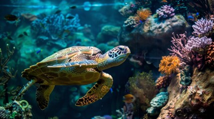 Obraz premium Sea turtle swimming gracefully among vibrant corals and marine life