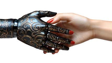 A robotic hand reaching out to a human hand, symbolizing connection between technology and humanity.