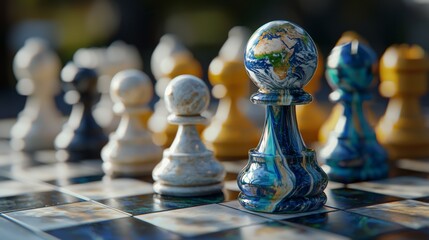 Global Strategy Earth Chess Piece on a Marble Board Game