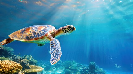 Obraz premium Graceful sea turtle swimming underwater in a natural habitat.