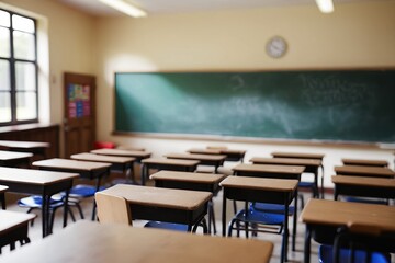 An empty classroom with desks and chairs, featuring a window, and light troughs, with an empty interior designed for education and meetings, showing a clean, organized floor and furniture. 
