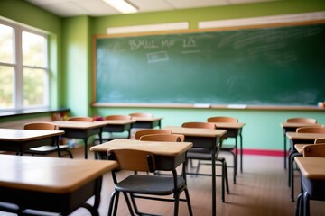 An empty classroom with desks and chairs, featuring a window, and light troughs, with an empty interior designed for education and meetings, showing a clean, organized floor and furniture. 