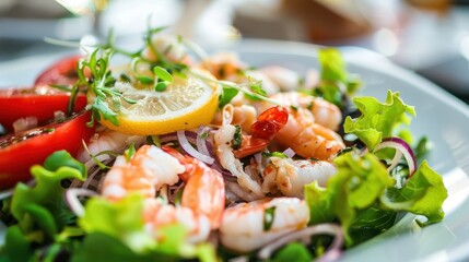 Vibrant seafood salad with lemon and fresh greens in natural light