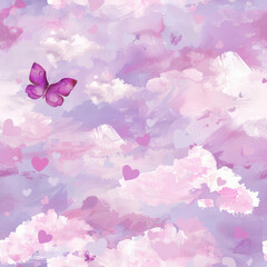 Gentle pink and lavender clouds with butterflies and hearts create dreamy scene