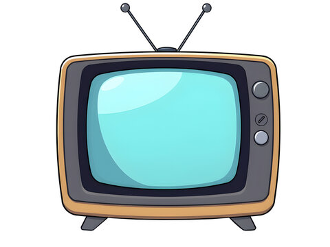 A cartoon illustration of a retro-style television set with a wooden frame, rabbit ear antennas, and a blank blue screen