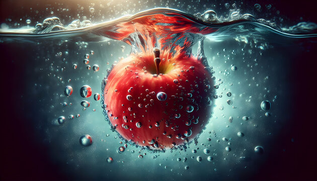 Fruit A vibrant red apple floating in clear water, with visible water droplets on its surface and gentle r3