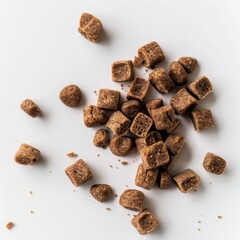 Obraz premium Brown kibble pieces for pets arranged on a white background