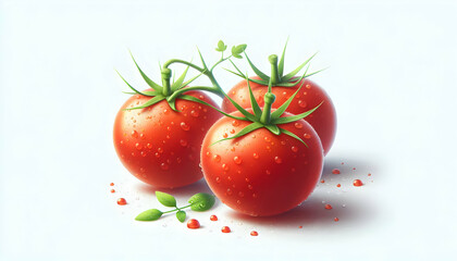 Fruit A trio of ripe red tomatoes, each with water droplets, green stems, and leaves The arrangement is si1