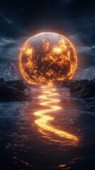 A stunning portrayal of a glowing orb reflecting on water amidst a dramatic landscape.