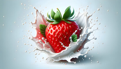 Fruit A red strawberry with green leaves in the midst of a white milk splash The milk appears to be in mot2