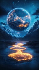 A surreal landscape featuring a glowing river and an enchanting celestial mountain.