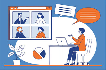 Virtual meeting, online conference, diverse team, video call interface, business presentation, pie chart, speech bubbles, flat design, blue and orange color scheme, remote work, digital collaboration,