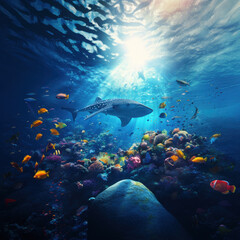 Obraz premium Whale shark around coral reef with fish