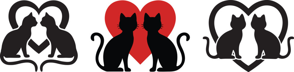 cute cat and heart shaped icon sticker symbol silhouette vector 