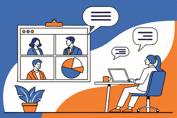 Virtual meeting, online conference, diverse team, video call interface, business presentation, pie chart, speech bubbles, flat design, blue and orange color scheme, remote work, digital collaboration,