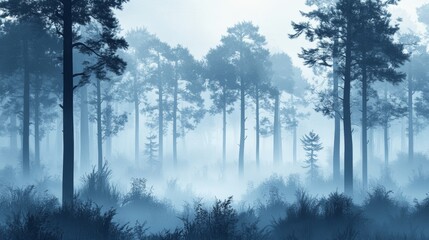 Fototapeta premium Misty landscape with fir forest in hipster vintage retro style
