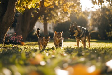 Savannah cat and German Shepherd walking in vibrant park scene