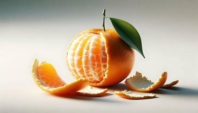 Fruit A peeled orange resting on a white surface with its segments visible The peel is placed around the f3