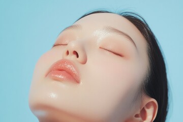 Radiant Skincare Close-Up of Youthful Glow with Hydrating Mist on Pastel Blue Background