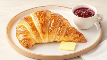 a decadent French croissant served with butter and jam, accompanied by a steaming cup of coffee