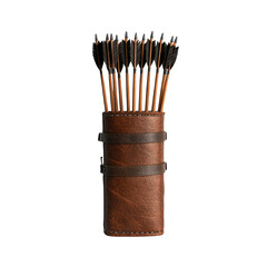 Leather Quiver with Arrows: A vintage brown leather quiver with a rustic look holds a set of feathered arrows, poised and ready for the hunt. It evokes a sense of adventure, history, and skill.