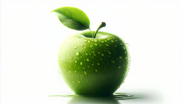Fruit A fresh green apple tilted slightly, with its water-dappled surface gleaming The single leaf curls u2