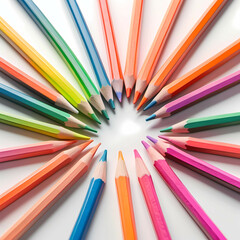 Fototapeta premium A chaotic arrangement of pastel and neon-colored pencils scattered randomly on a white surface, viewed top-down. Generative AI