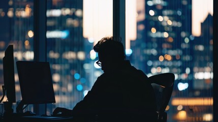 Silhouette of person working at computer in city setting with atmosphere of concentration and business solitude.
