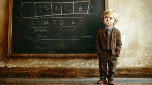 A young boy dressed in vintage attire looks concerned while standing in front of a chalkboard filled with math equations in an aged classroom environment