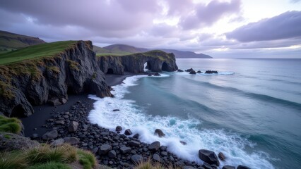 Fototapeta premium A breathtaking panoramic view captures a massive, foamy wave crashing onto a vibrant azure shoreline. Dynamic spray dances in the air as nature's power meets tranquility on the shore